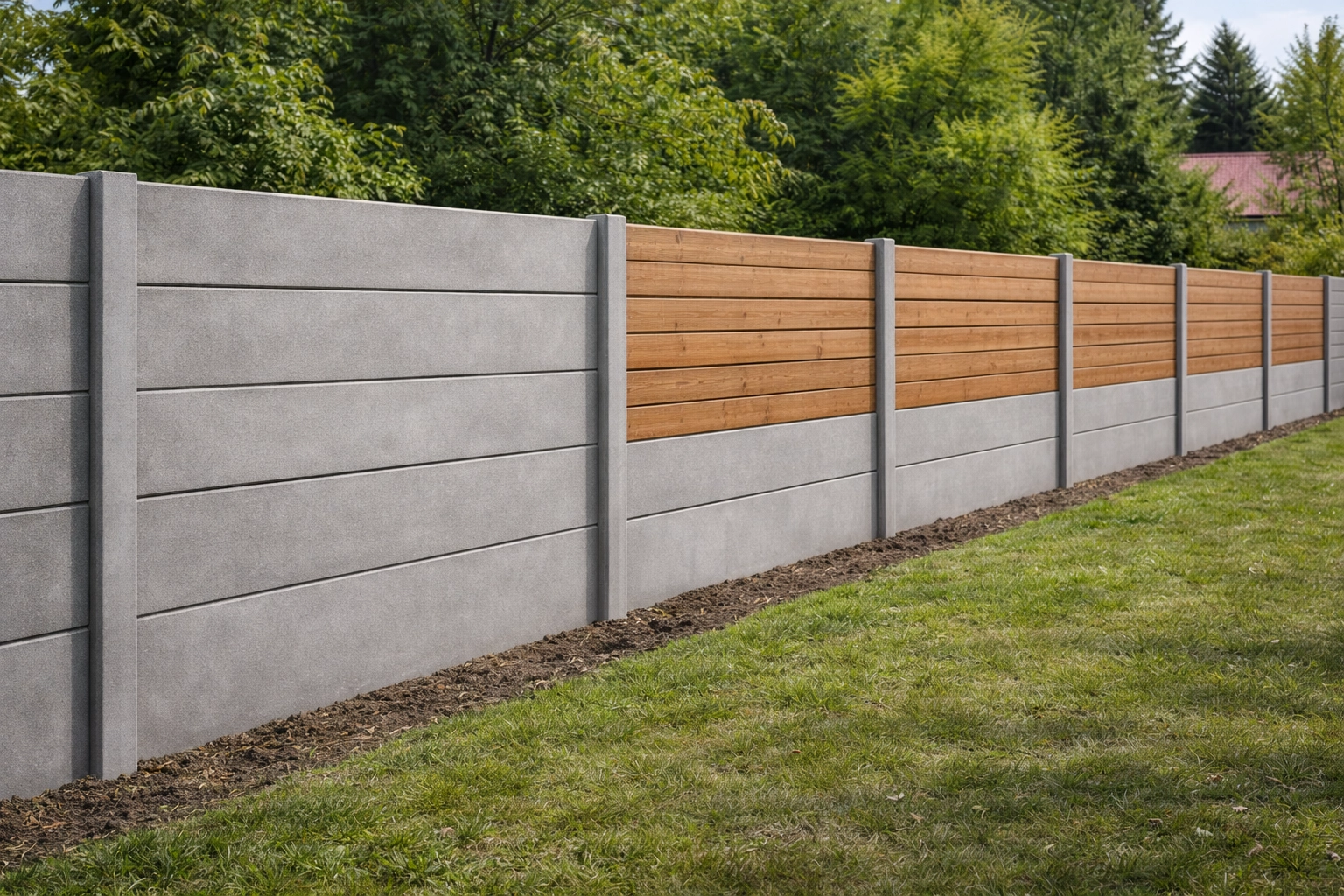 Betonový plot s dřevěnými prvky